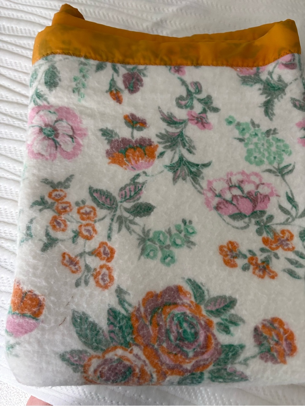 Vintage JCPenney Floral Acrylic Blanket 88x71 Satin Trim Pink Orange Green Throw
